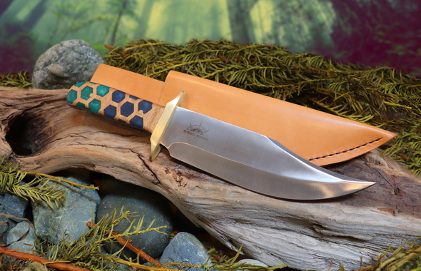 Bowie Knife, Handmade, Stainless Steel, Oak Handle, Honeycomb Resin Inlay, PNW Bowie