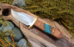 Bowie Knife, Handmade, Stainless Steel, Oak Handle, Blue Resin Inlay, Puget Sound Bowie