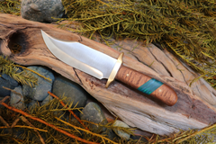 Bowie Knife, Handmade, Stainless Steel, Oak Handle, Blue Resin Inlay, Columbia River Bowie