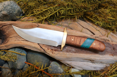 Bowie Knife, Handmade, Stainless Steel, Oak Handle, Blue Resin Inlay, Columbia River Bowie