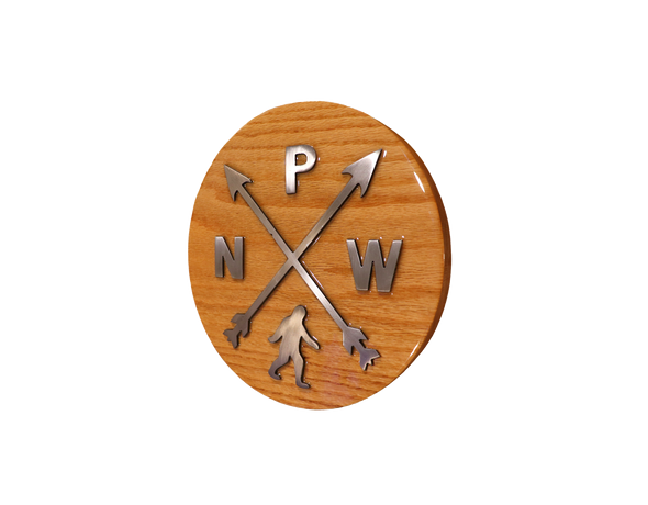 PNW Crossed Arrows Sign, Iconic PNW Sign, Handmade, Recycled metal, Solid Oak, Epoxy Resin